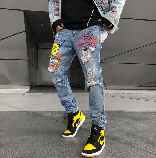 

grafitti smile print men painter jeans distressed demin pants streetwear, Blue