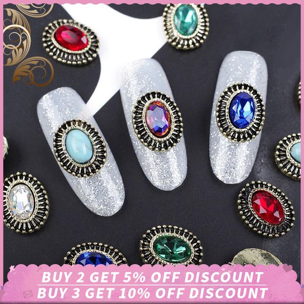 

10pcs vintage 3d nail art gem diy glitter rhinestones elliptic flat back crystal shiny 3d gem stone manicure nail art decoration, Silver;gold