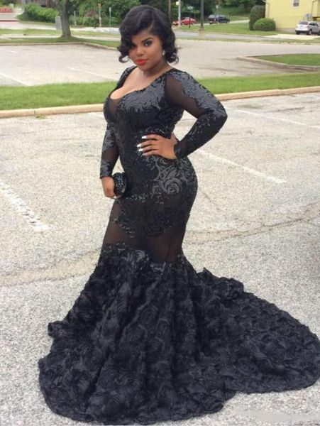 

black plus size mermaid prom dresses 2020 plunging v neck long sleeves shiny lace flowers sweep train formal evening party dresses