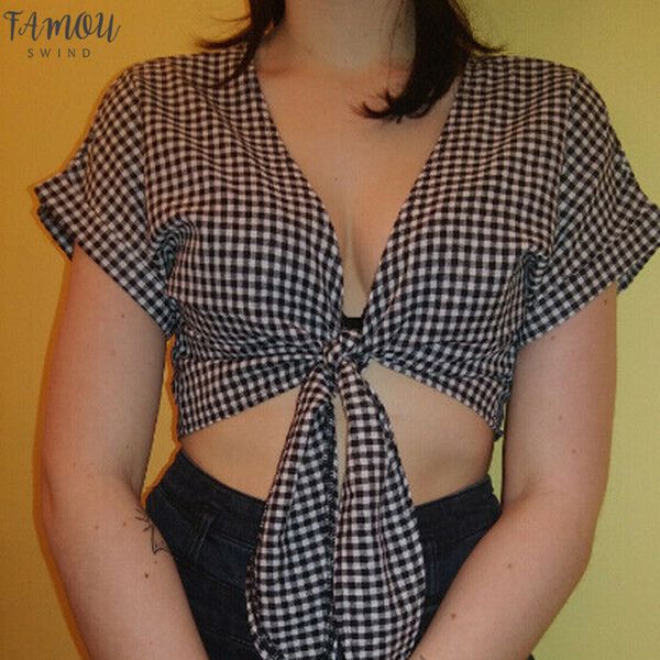 

women casual loose plaid crop ladies deep v neck tshirt ladies slim crop beach t shirt, White