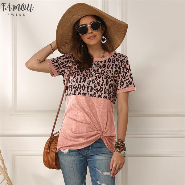 

leopard t shirt women patchwork summer short sleeve tee shirts women clothes 2020 new tie tee female short 2xl tee, White