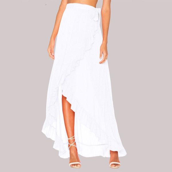 

hirigin женщины boho взъерошенный шифон длинный макси пляж повседневный сарафан нерегулярная юбка чистый цвет, Black