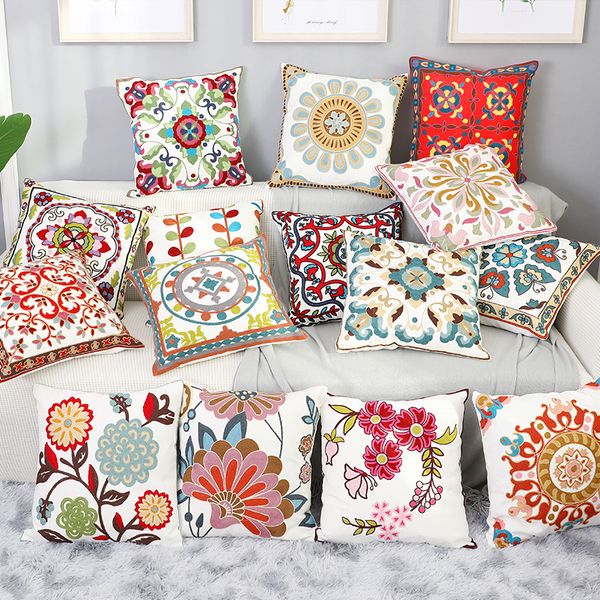 

nordic flower embroidery cotton linen cushion cover geometric pillow cover for office cafe sofa bed pillow case home decor