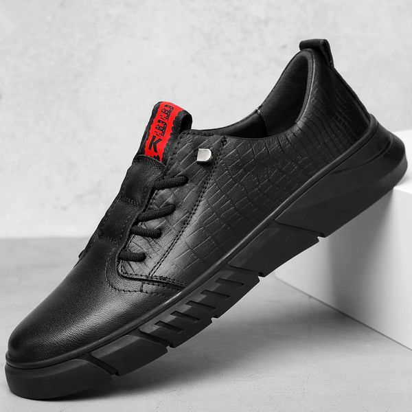

new 2019 genuine leather shoes men flats fashion men's casual shoes brand man soft comfortable lace up black