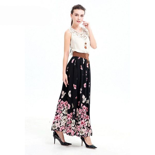 

2017 new arrival women skirts long floral print summer beach a-line ankle-length casual plus size vintage skirt, Black