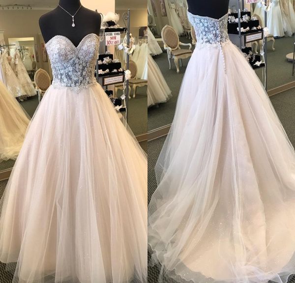 

bohemian a line luxury wedding dresses tulle lace crystal sequins beads formal dress strapless button sweep train bridal gowns, White