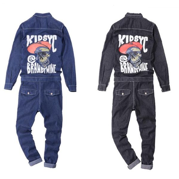

jeans jumpsuits men spring autumn long sleeve one piece overalls mens denim jumpsuit rompers casual hip hop skull print clothes, Blue