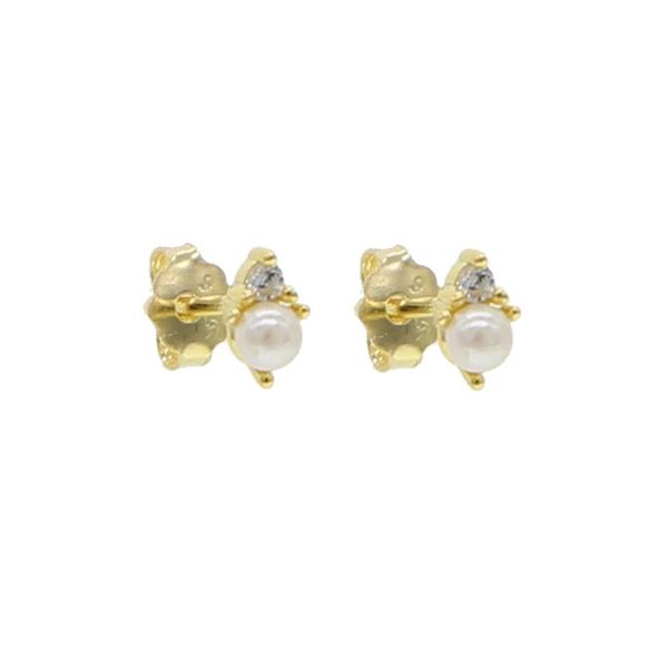 

super mini girl multi piercing stud earring white cz fresh pearl beaded 925 sterling silver minimal stud, Golden;silver
