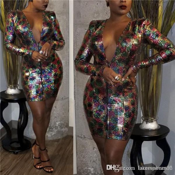 

womens designer bodycon dresses sequin print autumn night club female clothing v neck long sleeve casual apparel, Black;gray