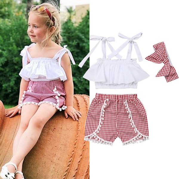 

summer kids baby girl одежда сборки топы crop плед шорты оголовье костюмы, White