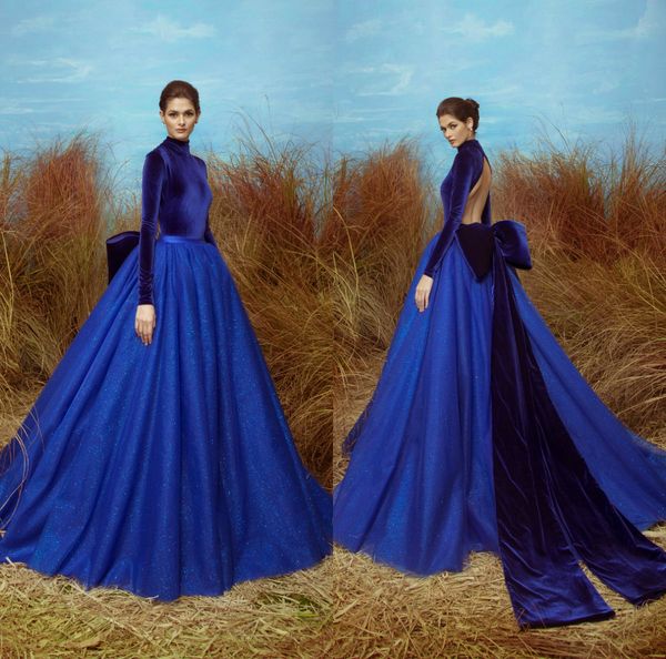 2020 Royal Blue Vestidos alta Neck Velvet oco Voltar longo Slevee Prom Dress Custom Made vestidos ocasião formal