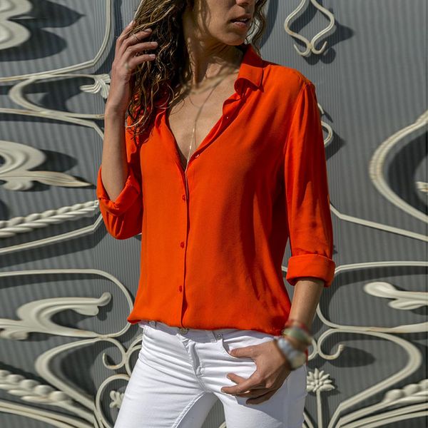 

2019 new ladies button down deep v-neck casual long sleeve chiffon blouse, White