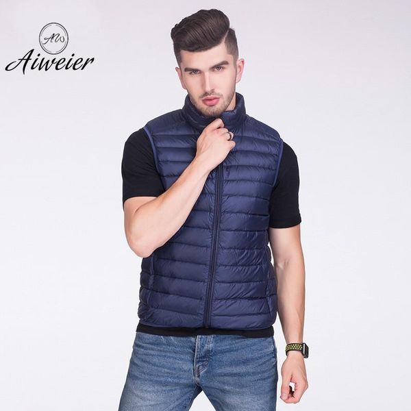 

aiweier]men's down jacket vest thin zipper sleeveless solid stand collar loose waistcoat male korean ultra light jackets almm01, Black