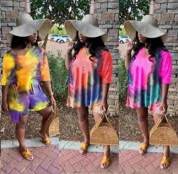 

plus size 2x women summer trendy tie dye two piece set loose outfits short sleeve t-shirt+shorts casual print sportswear jogger suit 3370, Black;gray