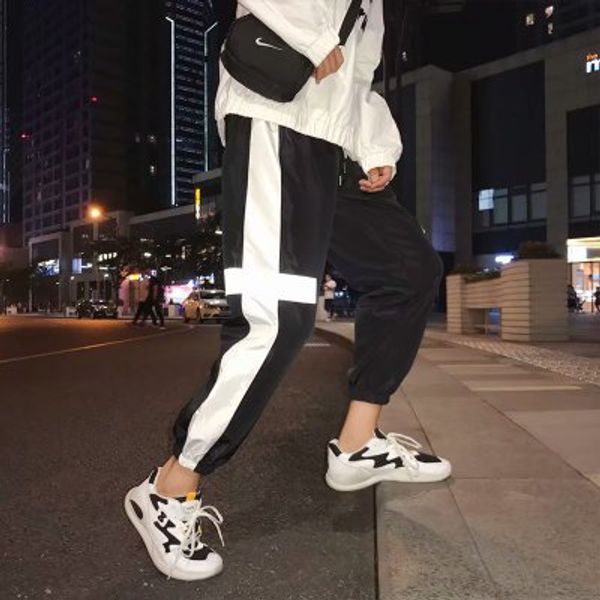 

harajuku hip pop long pants men's joggers patchwork reflective track trousers elastic waist side striped sweat trousers, Black