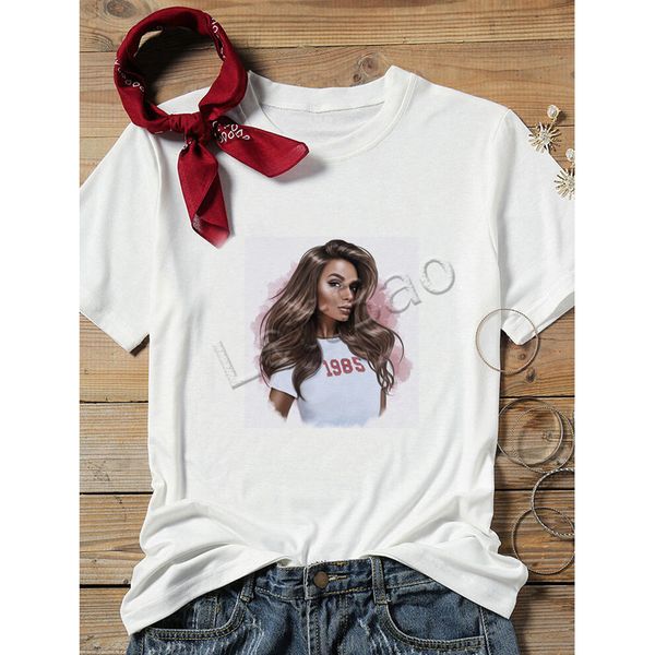 

summer casual lady tees 1985 vogue girl portrait t-shirt women funny soft o-neck cotton short sleeve harajuku shirt, White