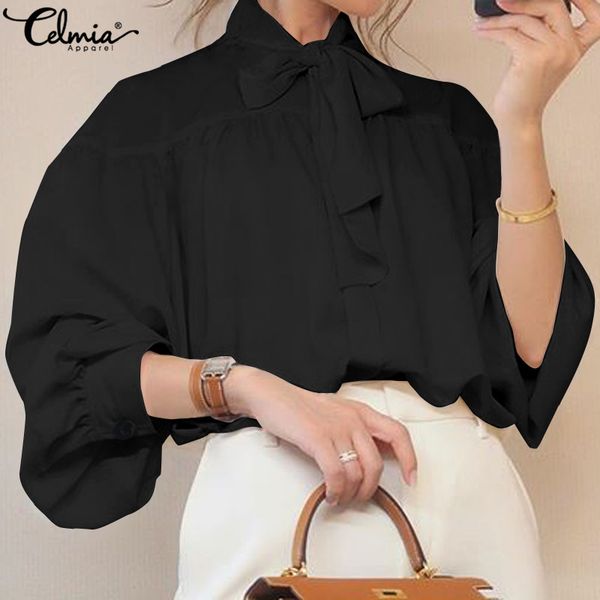 

women stylish blouse celmia ladies long lantern sleeve bow collar shirts casual buttons loose solid office plus size blusas, White