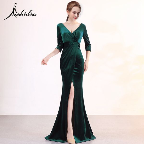 

anshirlisa women velvet emerald green evening dress long half sleeve empire waist slit party gown elegant formal prom gown, White;black