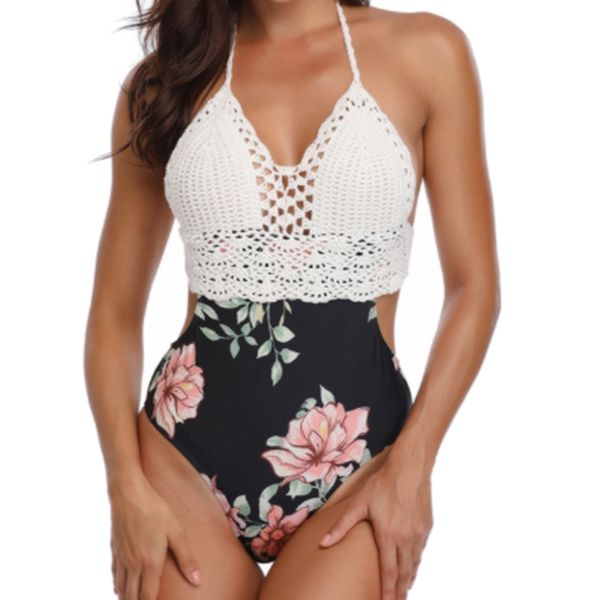 

2019 fashion trend women knitted patchwork one piece swimsuit swimwear bikini monokini beachwear summer backless floral set