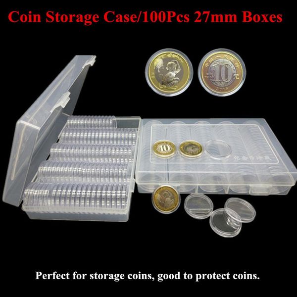 

100pcs 27mm coin cases holder applied clear portable round storage box ps material clear transparent scratch resistance