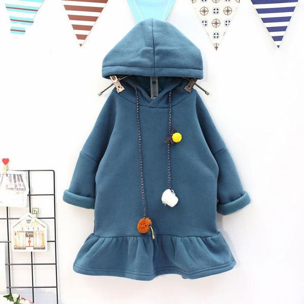 

2019 new winter item girl hooded dress fleece material warm dress two colors, Red;yellow
