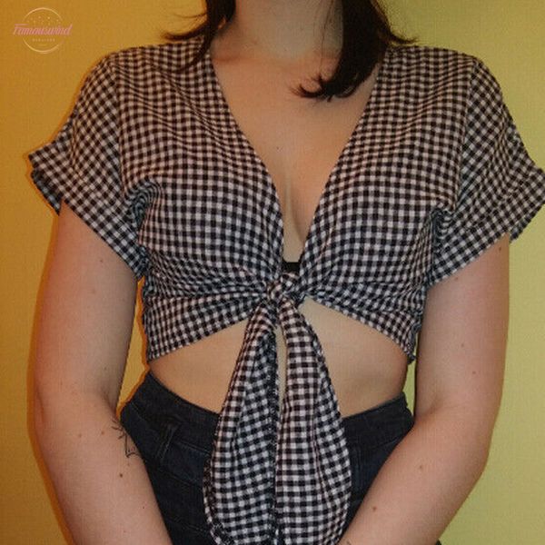 

women casual loose plaid crop ladies deep v neck v neck tshirt ladies slim crop beach t shirt, White