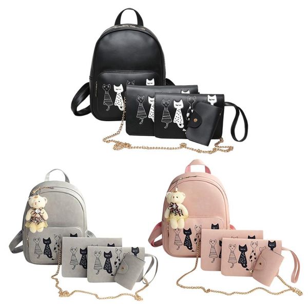 

4pcs cat printed girls pu leather backpack shoulder bag clutch purse bolsas fashion messenger cross body bag
