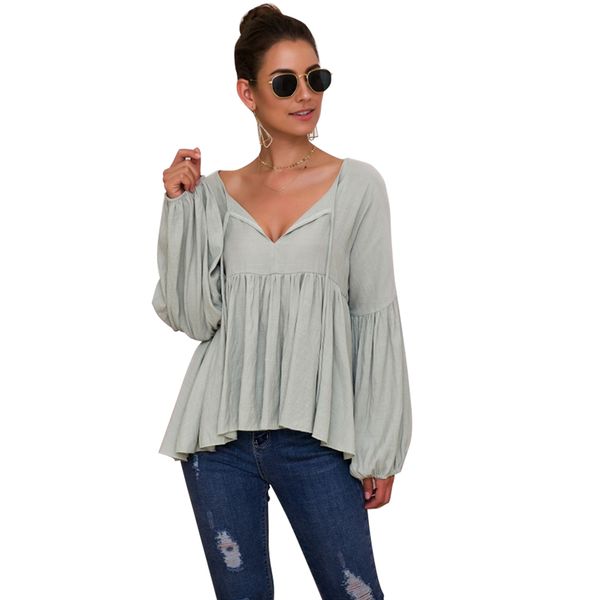 

ladies v neck soft strappy ruffle polyester casual puff sleeve peplum solid women blouse party date, White