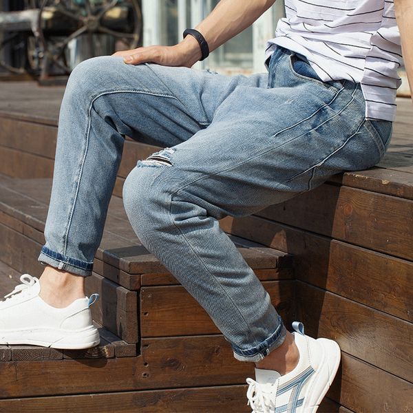 

mens designer fashion brand washed hole jeans entity special, Blue