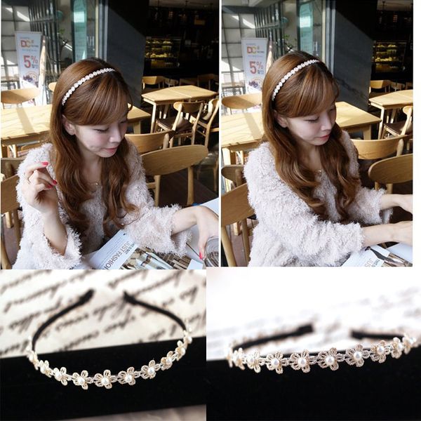 

classtic pearl pearl flower hoop fabrics hairbands for women lace floret hair accessories hair jewelry party shiny girls, Golden;white