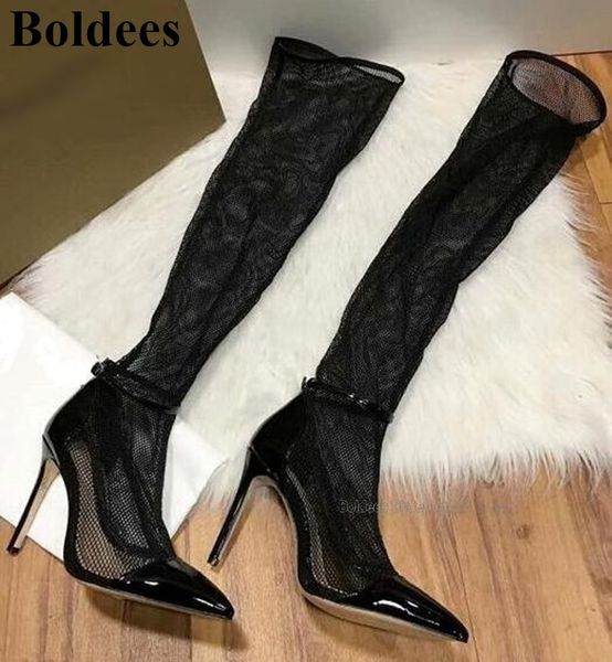 

hollow out black lace high heel boots women over the knee summer sandals boots