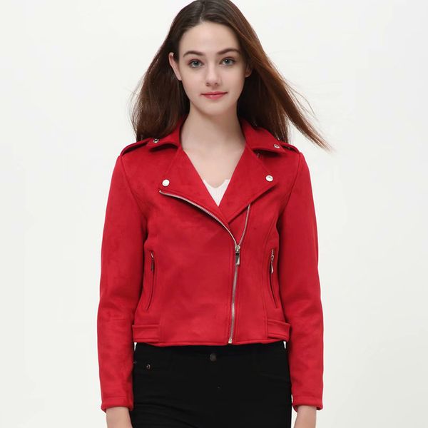 

klacwaya 2019 autumn women faux suede leather biker jackets long sleeve zipper suede coat streetwear autumn outfit red brown, Black