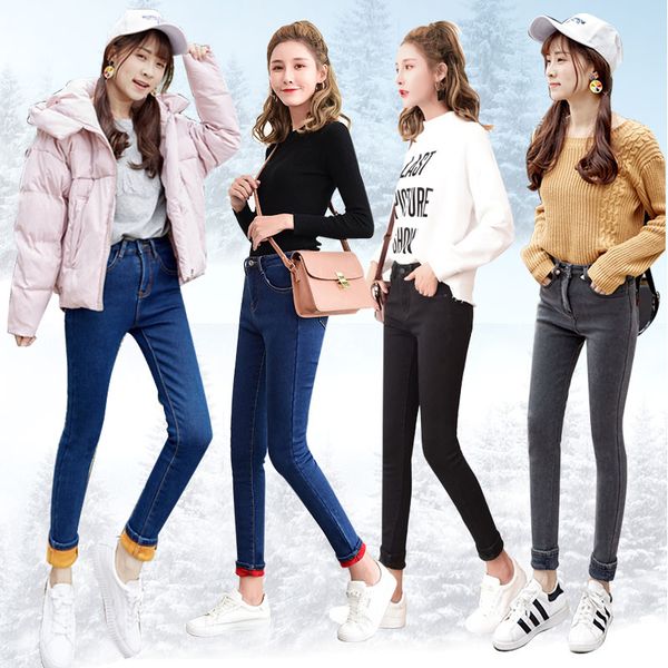 

2018 winter women jeans high waist thick jeans women trousers add wool warm large size slim casual pencil blue black
