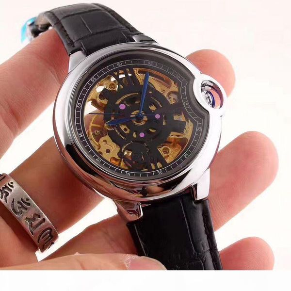 

mens watch fashion gold skeleton genuine leather mechanical automatic watches for men waterproof wtach reloj hombre, Slivery;brown