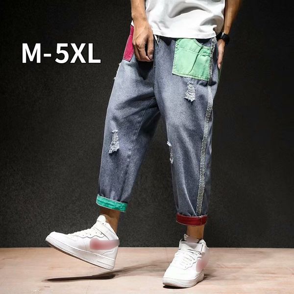 

men jeans straight pants 2019 mens japanese streetwear shredded patchwork denim pants male vintage blue jeans