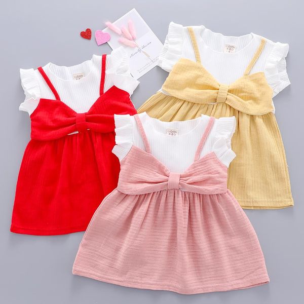 

newborn baby girl dress cotton short sleeve big bowknot princess dresses casual beach sundress summer kids girls clothes 6m-3t, Red;yellow
