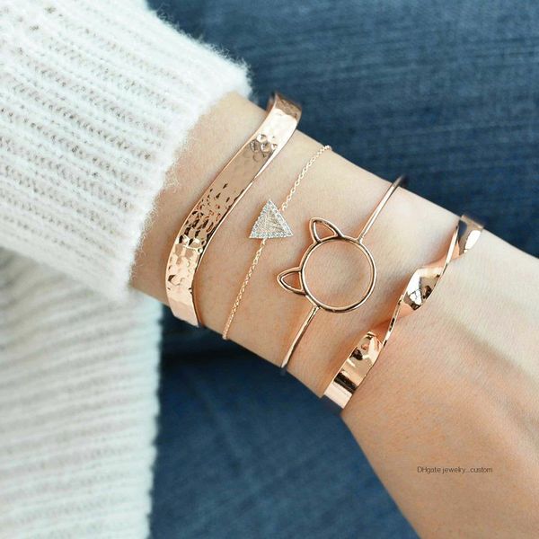 

4 pcs/set women charm hollow cat triangle crystal twisted veins opening gold bracelet set bohemian punk jewelry accessories, Golden;silver