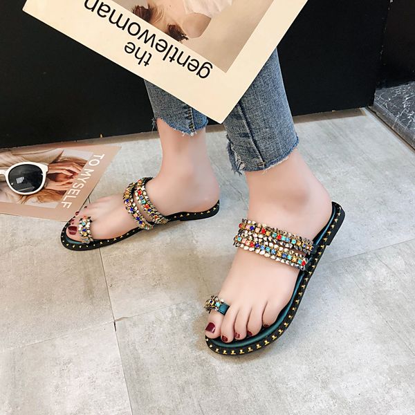 

women toe clip slippers female color crystal flats shoes summer rivet flip flops casual outdoor beach shoes zapatos mujer, Black