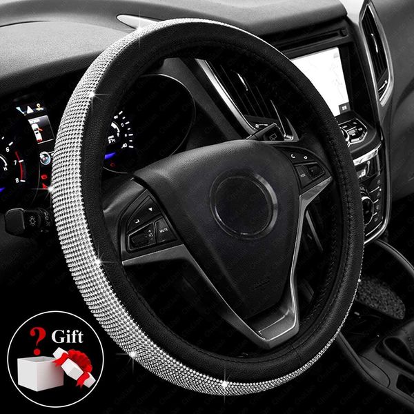 

diamond leather steering wheel cover with bling bling crystal rhinestones, universal fit 15 inch car wheel protector for women girls,black