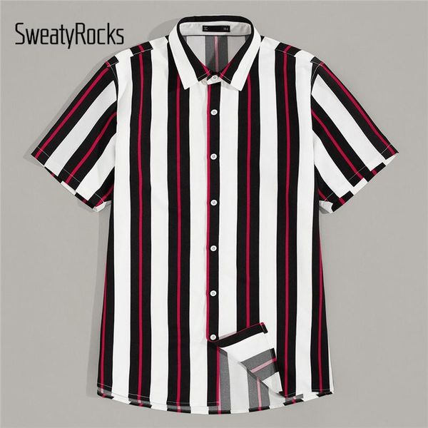 

sweatyrocks men stripe print button up shirt streetwear shirts fashion placket 2019 summer casual short sleeve male shirt