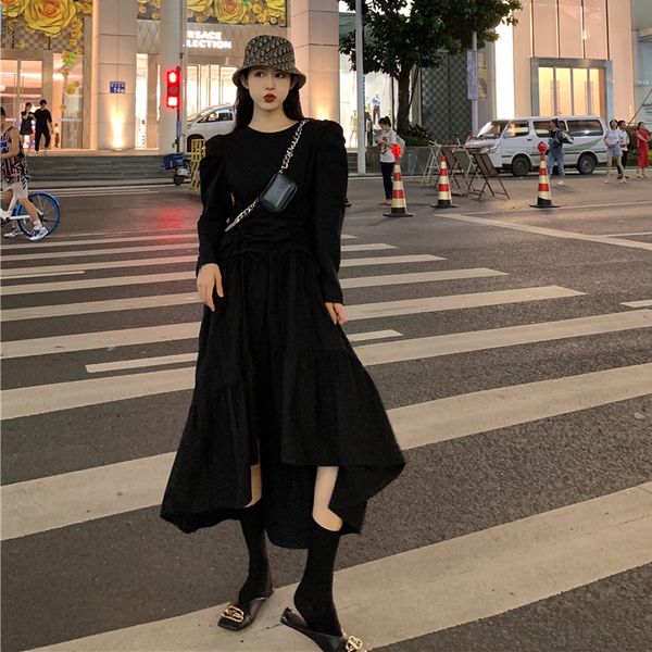 

new women dress full sleeve draw string fold is irregular dresses white black 2266, Black;gray