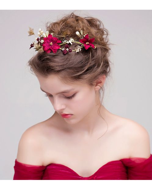 

bride wine red flowers simulation pearl headband princess hair accessories butterfly embellishment wedding accessories, Golden;white