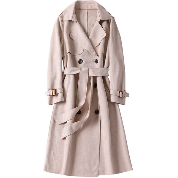 

fashion mid-long trench coat women 2019 spring autumn new korean double breasted suede outerwear slim belt womens windbreaker, Tan;black