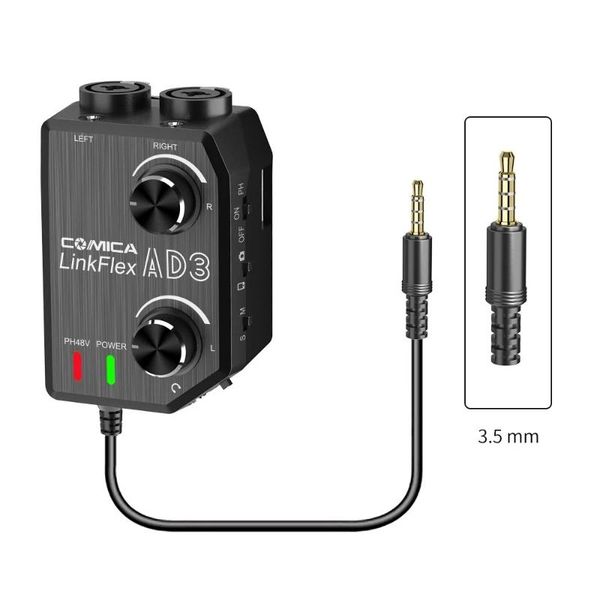 

comica linkflex.ad3 microphone audio preamp/mixer 2-channels xlr/3.5mm/6.35mm-3.5mm, 48v phantom power & real time monitor, univ car