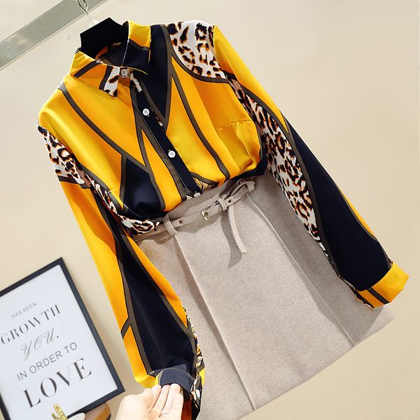 

spring autumn women's contrast color shirt loose wild leopard shirt long sleeve chiffon tide women blouses gd229, White