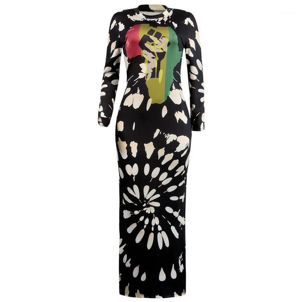 

long sleeve split printed dress o neck lady one piece street female clothing women club dresses, Black;gray