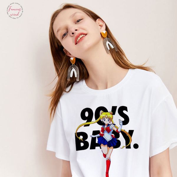 

женщины одежда 2019 шлифе лето письмо top harajuku sailor moon shirt 90s детская мода досуг футболка эстетическая tshirt, White