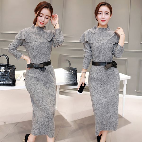 

autumn knitted and skirt two piece set big size ensemble femme deux pieces chic year-old female costume conjunto feminino, Gray