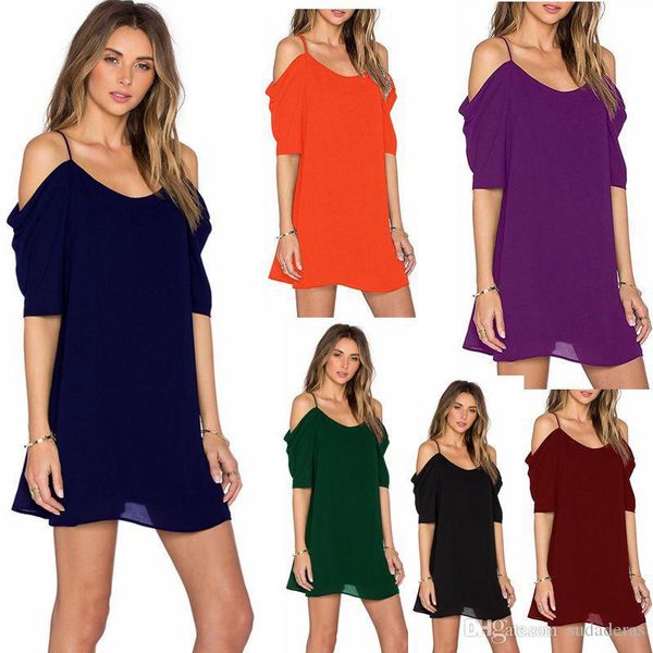 

new summer chiffon dress women beach holiday spaghetti strap dress solid color off the shoulder dress, Black;gray
