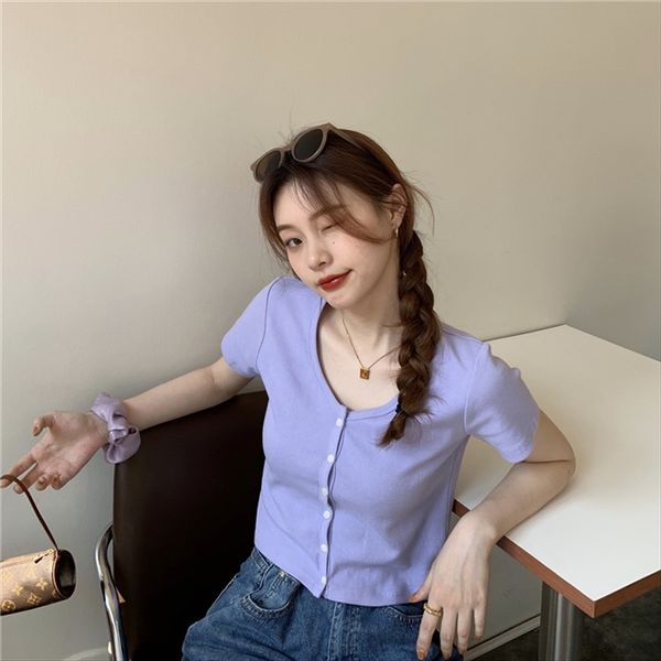 

2020 solid color short versatile round collar single row multi-button short-sleeved t-shirt slim navel female, White